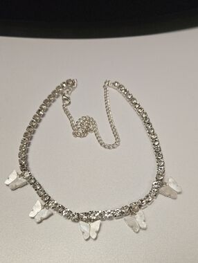 Silver Crystal Necklace with White Butterfly Charms
